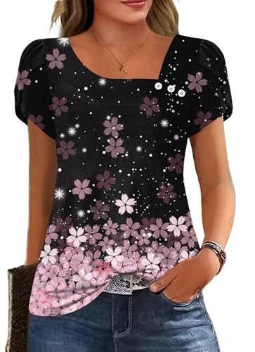 Image of Womens Petal Sleeve Tops Summer Trendy T Shirt Casual Loose Square Neck Button Blouse Tees