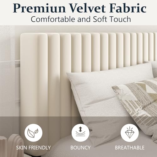 HAOARA King Size Bed Frame,King Size Platform Bed Frame and Velvet Upholstered Headboard with Strong Wood Slats, Box Spring Optional, Mattress Foundation, Easy Assembly Beige by HAOARA - Image 4