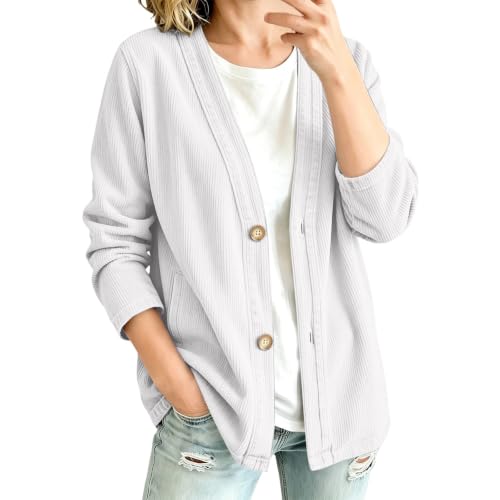 Corduroy Cardigan Shirts for Women Oversize Button Outfits White