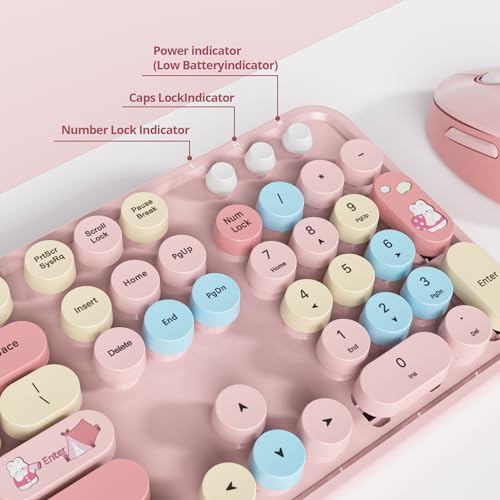 Image of Owpkeenthy Pink Keyboard and Mouse Wireless, Cute Colorful Typewriter Keyboard Full-Sized with Number Pad Round Keycaps for Desktop, Laptop and Computer(Coloful Pink)