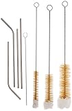 TSNZ Bottle Brush & Straw Kit, Set of 3 Natural Boar Bristle Brushes, Soft Cotton Tipped, Small, Medium & Large. Includes 4 Stainless Steel Drinking Straws with a Nylon Straw Brush