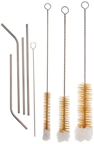 TSNZ Bottle Brush & Straw Kit, Set of 3 Natural Boar Bristle Brushes, Soft Cotton Tipped, Small, Medium & Large. Includes 4 Stainless Steel Drinking Straws with a Nylon Straw Brush