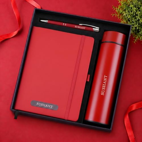 Image of Personalized Diary Gift Set with Bottle & Pen Red | 3-in-1 | Custom name diary, stainless steel bottle and pen combo for corporate gifting, employees, men, women and office use.