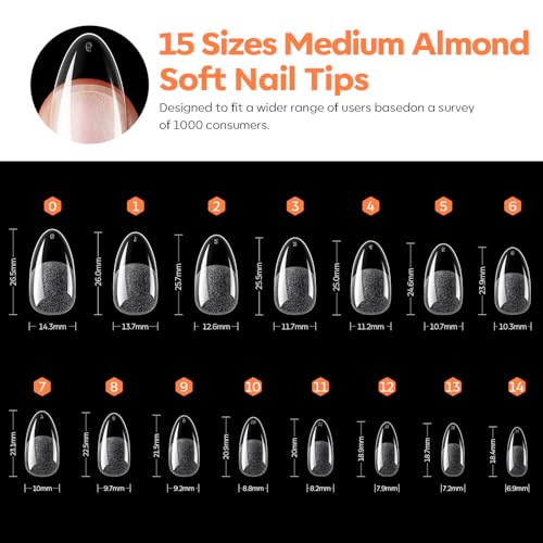 Image of Modelones Almond Nail Tips, 240PCS Pre-Etched 40 Grit Half Matte Clear Full Cover Soft Gel Nails Tips, 15 Sizes Medium Almond Fake Nail Tips for DIY Extensions Press On Nails for Women