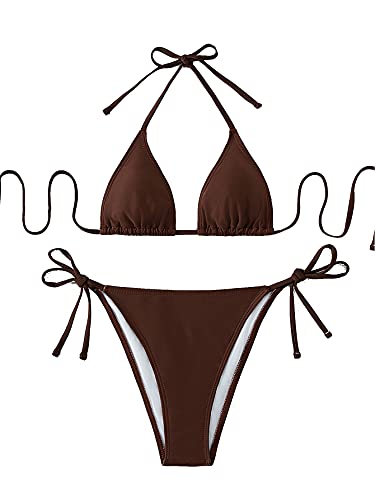 SOLY HUX Women's Metallic Halter Top Two Piece Swimsuit Tie Side Triangle Bikini Chocolate Brown Solid L