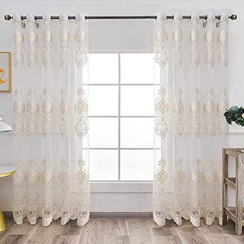 Gold Floral Embroidered lace Curtains Sheer Window Curtains for Living Room Bedroom,2 Panels 62x87 Inch White Voile Drapes CLWYAH302