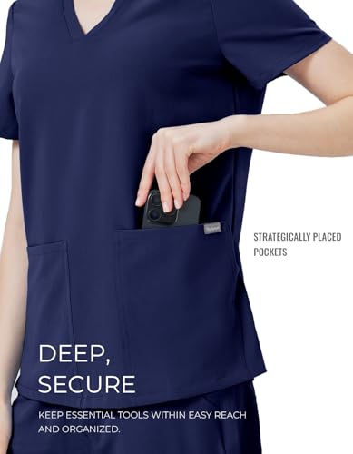 TINYLEMON Women Scrub Top - 3 Pockets V-Neck Slim Fit with Badge Loop Soft Four-Way Stretch Anti-Wrinkle Navy Blue Medium - image 6
