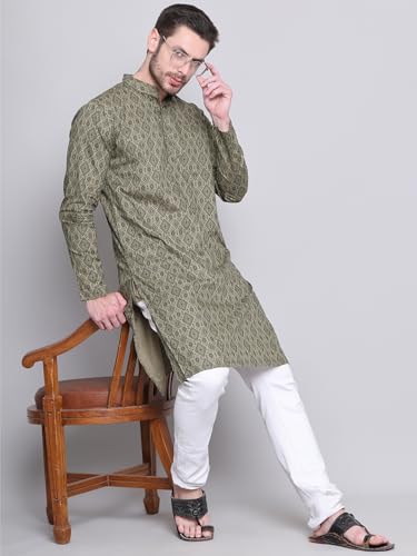 Image of Majestic Man Women's Cotton Regular Fit Casual Ethnic Motifs Printed Mandarin Collar Long Kurta