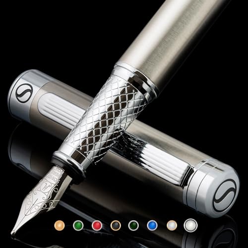 Scriveiner Pluma Estilográfica de Acero Inoxidable - Impresionante Pluma de Lujo con Acabado de Acero, Set de Regalo de Escritura para Hombre y Mujer, Profesional - Plumín de Acero Schmidt (Mediano)