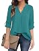Timeson Women's Casual Chiffon V Neck Cuffed Sleeve Blouse Tops (X-Large, Deep Cyan)