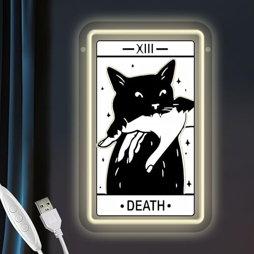 Image of Tarot Card Neon Sign, Death Tarot LED Halloween Neon Light Sign USB Powered, for Gothic Bedroom Game Room Black Cat Party Man Cave Decor, Birthday Gifts(11.8 * 7.4 In)