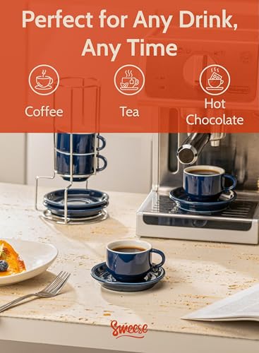 Image of Sweese 2.5 Ounce Porcelain Stackable Espresso Cups with Saucers and Metal Stand Set of 4, Navy