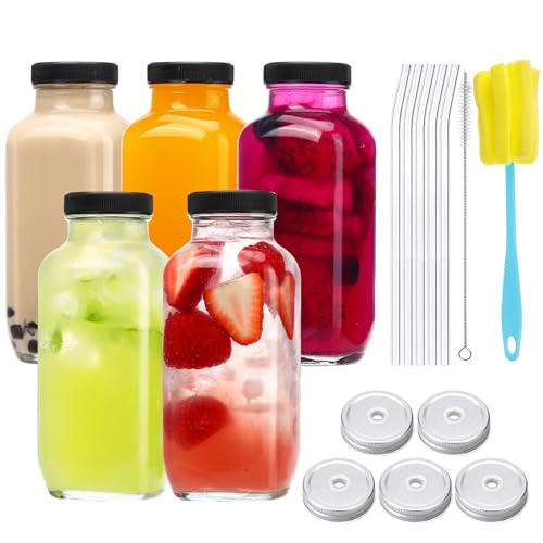 Image of CUCUMI 5pcs 16oz Glass Juice Bottles with Lids, Reusable Juice Containers Drinking Jars Water Cups with Brush, Glass Straws, Lids with Hole