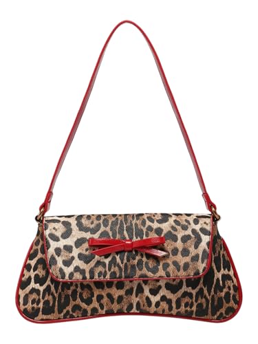 Women's Leopard Print Bow Shoulder Bag Flap Leather Purse Y2k Elegant Underarm Bag - Main Image