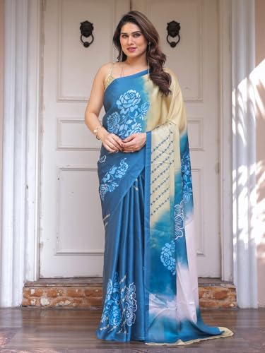 Image of ALMAARI FASHION Women's Floral Printed Georgette Satin Saree with Unstitched Blouse Piece | Traditional Ethnic Wear Sarees | Soft Lightweight Ethnic Office Wear Daily Wear Indian Sari (SG 181-190 F)