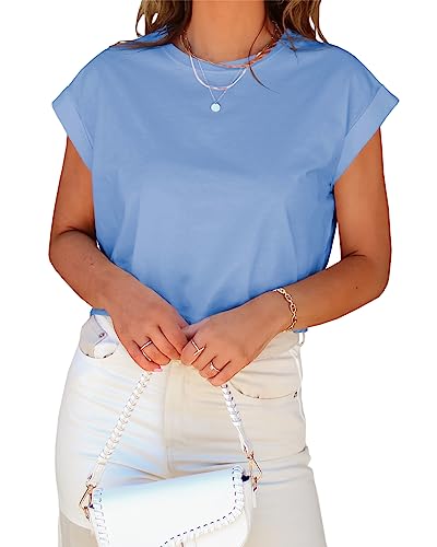 Image of Tankaneo Womens Short Sleeve Cropped T-Shirts Summer Rolled Dolman Sleeve Crop Tops Casual Round Neck Solid Short Basic Tees