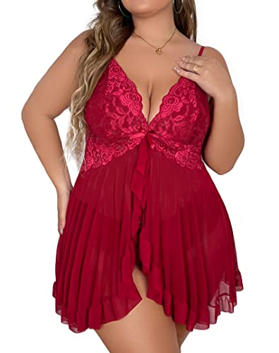 Falagasa Plus Size Sexy Lingerie for Women Lace Babydoll Floral Lace Mesh Ruffle Sheer Nightgown V Neck Chemise Sleepwear(Wine Red,3X-Large)