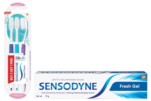 Image of Sensodyne Deep Clean Manual Brush Super Saver Pack for adult (Multicolor, Pack of Buy 2, Get 1 Free) & Sensodyne Toothpaste Fresh Gel, Sensitive tooth paste for daily sensitivity protection, 75 gm