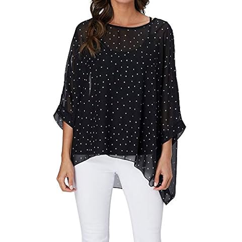 Rokou Women's Floral Blouse Loose Batwing Sleeve Beach Chiffon Poncho Tunic Tops (X-Large, Color1) Black Dot Cover