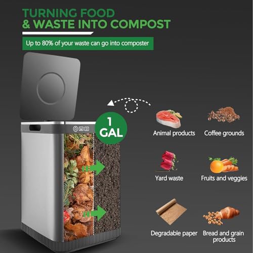 4L Stainless Steel Electric Composter for Kitchen, Odorless Kitchen Composter with 2 Carbon Filter, 500W Energy Efficient Countertop Quiet Compost Bin with Auto-Cleaning,Turn Food Waste into Compost
