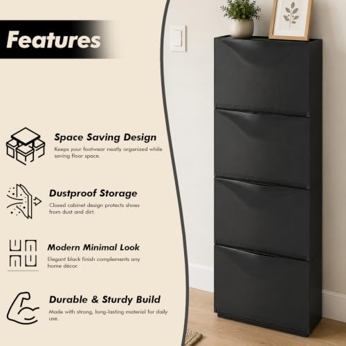 Image of TNT THE NEXT TREND Space Saving Shoe Rack Cabinet | Dustproof Flip Door Shoe Storage Organizer | Modern Minimal Shoe Stand for Entryway, Living Room, Bedroom & Hallway | Black Finish (Pack of 4)