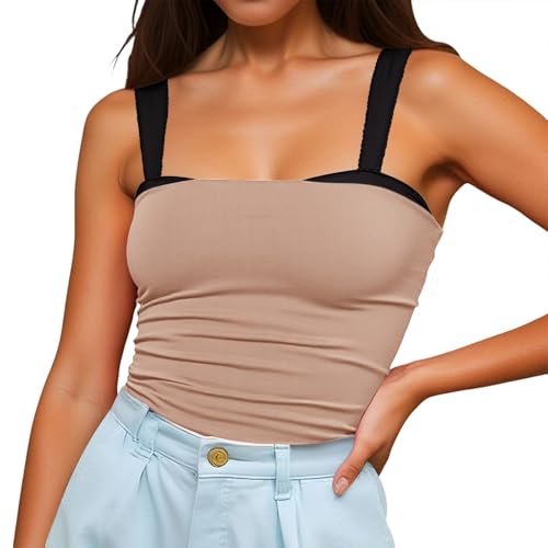 Crop Tops Mujer sin Mangas Top Cropped Top Cuello Cuadrado Camiseta sin Tirantes Sexy Abdomen Camiseta Verano Casual Tank Tops Camisola Top Backless Basic Shirt Camisola Camisola Streetwear, O Khaki