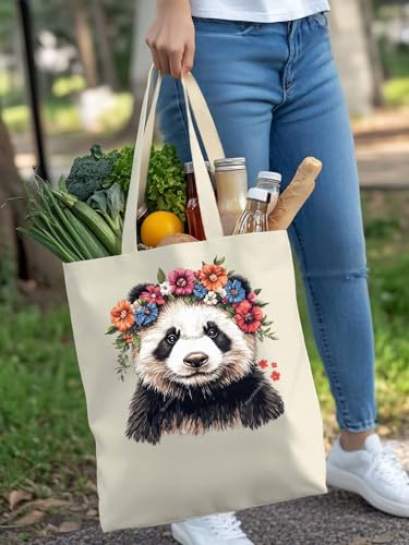 Canvas Tote Bags,Grocery Shopping Cloth Bag Cute Panda Floral Reusable Shoulder Bags Tote Bag for Travel Work Gym4