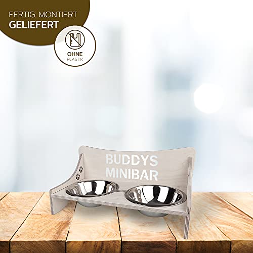 Futterbar für Hunde und Katzen – Personalisierbar – aus Holz – Schwarz, Grau, Natur – Groß und Klein – Futternapf aus Metall (Klein, Grau)