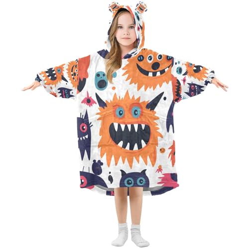Hezely Wearable Blanket Hoodie for 3-14 Year Old,Comfort Oversized Flannel with Hood Pocket and Sleeves,Funny Monster