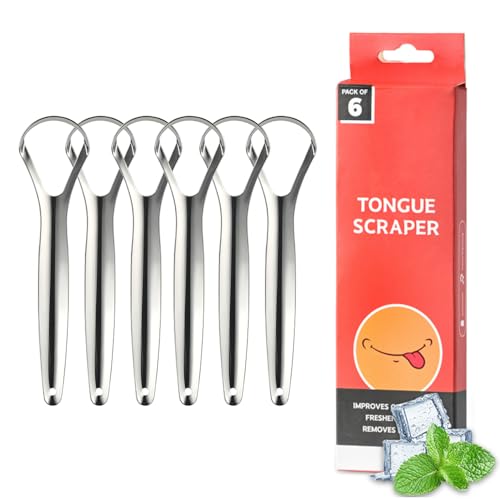 VIWIK 6 Pack Tongue Scraper for Adults, 100% Stainless Steel Tongue Cleaner - Hygienic Oral Care Tools, Bad Breath Remover Tongue Brusher