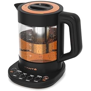 Vianté Hot Tea Maker Electric Glass Kettle with tea infuser and temperature control. Automatic Shut off. Brewing Programs for your favorite teas and Coffee. 1.5 Liters capacity.