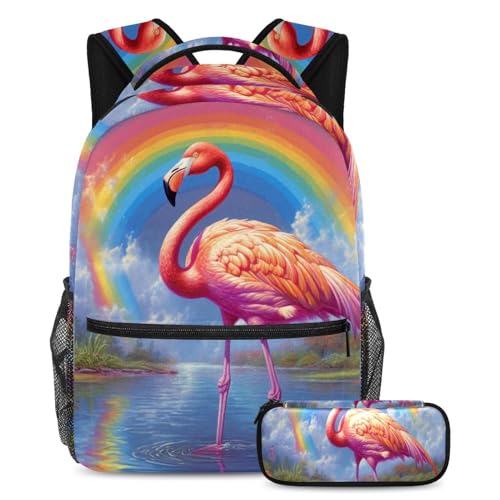 Sac d'école arc-en-ciel flamant rose grand sac à dos scolaire fille avec trousse à crayons