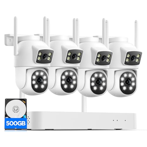 Security Cameras Wireless Outdoor, CAMCAMP Home Security Camera System with 2K Dual Lens Color Night Vision, Auto Tracking, 2-Way Audio, 500GB HDD, 2.4G/5G WiFi & 10CH Expandable NVR