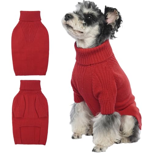 Image of Turtleneck Dog Sweater, Thermal Knitted Sweater for Small Dogs (Red, M) | 4-Way Stretchy Fit, Cozy & Warm Pullover Clothes for Fall Winter, Indoor & Outdoor Knitwear, Fit for Frenchie, Dachshund