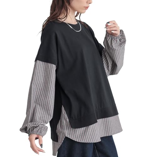 [n'OrLABEL] オシャレウォーカー【ストライプ異素材切替カットソー】レディース トップス 長袖 汗じみ防止 ロンT 異素材 ストライプ柄 レイヤード 重ね着 綿100% 春 秋 カジュアル 着痩せ 体型カバー 大きいサイズ ゆったり 13to0blのサムネイル