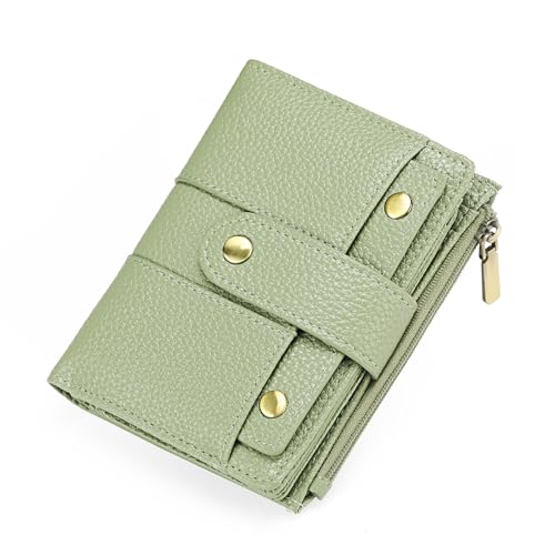 GOIACII Carteira feminina pequena para cartão de crédito com 4 janelas para identidade e bolso com zíper para moedas, couro com bloqueio de RFID, Verde, Clássico