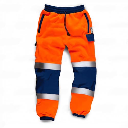 Mens Hi Viz Jogging Bottoms Safety Combat Trousers Sweat Pants Hi Vis Work Fleece Trousers High Visibility Reflective Workwear Cargo Joggers (UK, Alpha, L, Regular, Regular, Orange/Navy)
