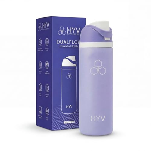 Image of HYV DualFlow Insulated Stainless Steel Water Bottle 750ml | Dual-Cap Sipper & Chug for Adults & Kids | Leakproof, BPA-Free, Hot & Cold Thermos | Gym, Sports, Travel, School Flask | Serene Lavender
