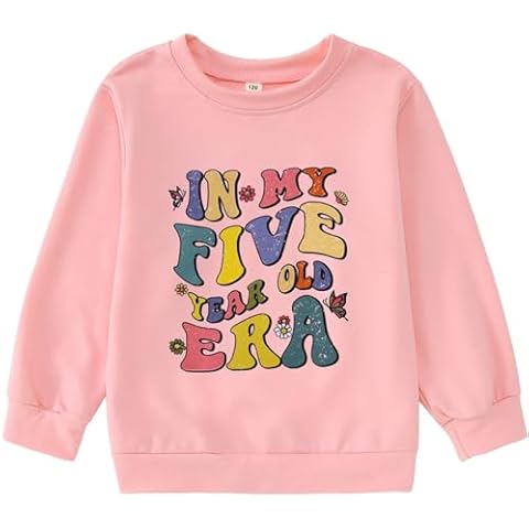 BOUTIKOME In My Five Years Old Era Birthday Sweatshirt Toddler Baby Girl 5th Birthday Outfit Shirts Party Pullover 5t Tops(Pink-5th,120) Cover