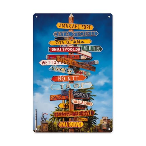 BEAROWL Metal tin sign，Colorful direction signs pole & palm trees, retro wall art decor Tinplate...