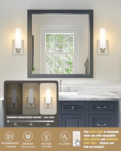 Image of Emak Brushed Nickel Wall Sconces, 2 Light Bathroom Light Fixtures with Milk Glass Shade, Modern Wall Lights for Bathroom, Mirror, Living Room, Bedroom, Gallery, WS086-BN-ML-2PK