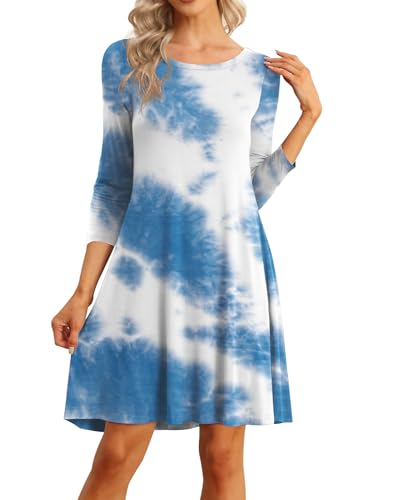 Image of VIISHOW Womens Round Neck 3 /4 Sleeves A-line Casual Tshirt Dress with Pocket