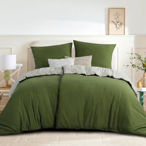 RUIKASI Bettwäsche 135x200 Olive Grün Beige 4teilig - Wendebettwäsche...