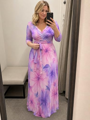 Image of Plus Size Maxi Dress for Women V Neck 3 /4 Sleeve Wrap Dress