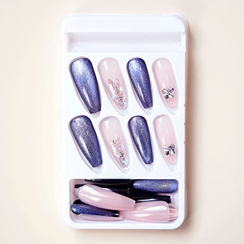 Long Press On Nails Coffin Blue Sliver Fake Nails Cat Eye Butterfly Charm Glitter Designs Summer Stick On Nails Glossy False Nails Stick On Nails For Women Girls Nail Decoration #TOP2