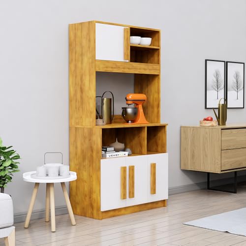 Image of Bniture Multipurpose Kitchen Cabinet | Engineered Wood Crockery Cabinet Modern with 4 Doors & Shelves | Crockery Unit for Dining Area | Kitchen Crockery Cabinet for Home | Giant Wood & Frosty White