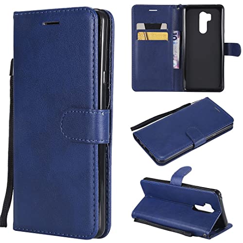 SATURCASE Funda para LG G7 ThinQ, piel sintética clásica con tapa magnética, ranuras para tarjetas, funda protectora con correa de mano para LG G7 ThinQ (XD-azul)