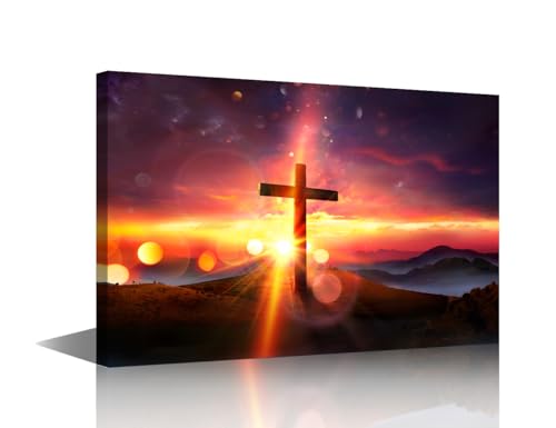 Toile Jésus-Christ crucifixion coucher soleil 91x61cm tableau salon