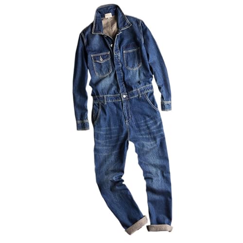 Men's Hip Hop Denim Jumpsuit,Spring Autumn,Long Sleeve Lapel Cargo Pants,Blue Jeans,Loose Pants