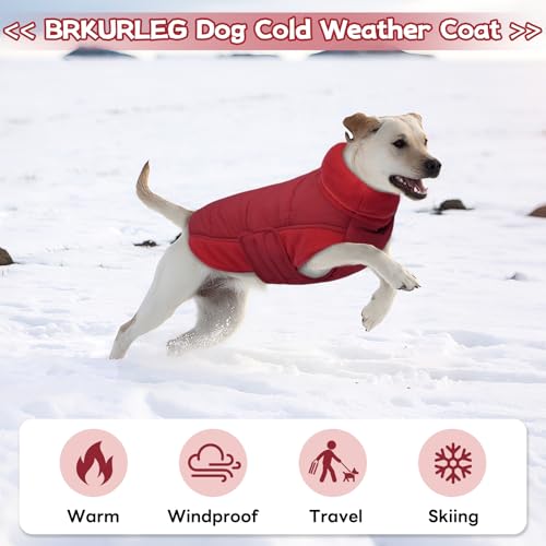 Image of BRKURLEG Dog Winter Coat with Harness Built in, Warm Jacket for Small Medium and Large Dogs, Windproof Turtleneck Fleece Dogs Snowsuit with Hook & Loop, Reflective Christmas Dog Jacket, Red L